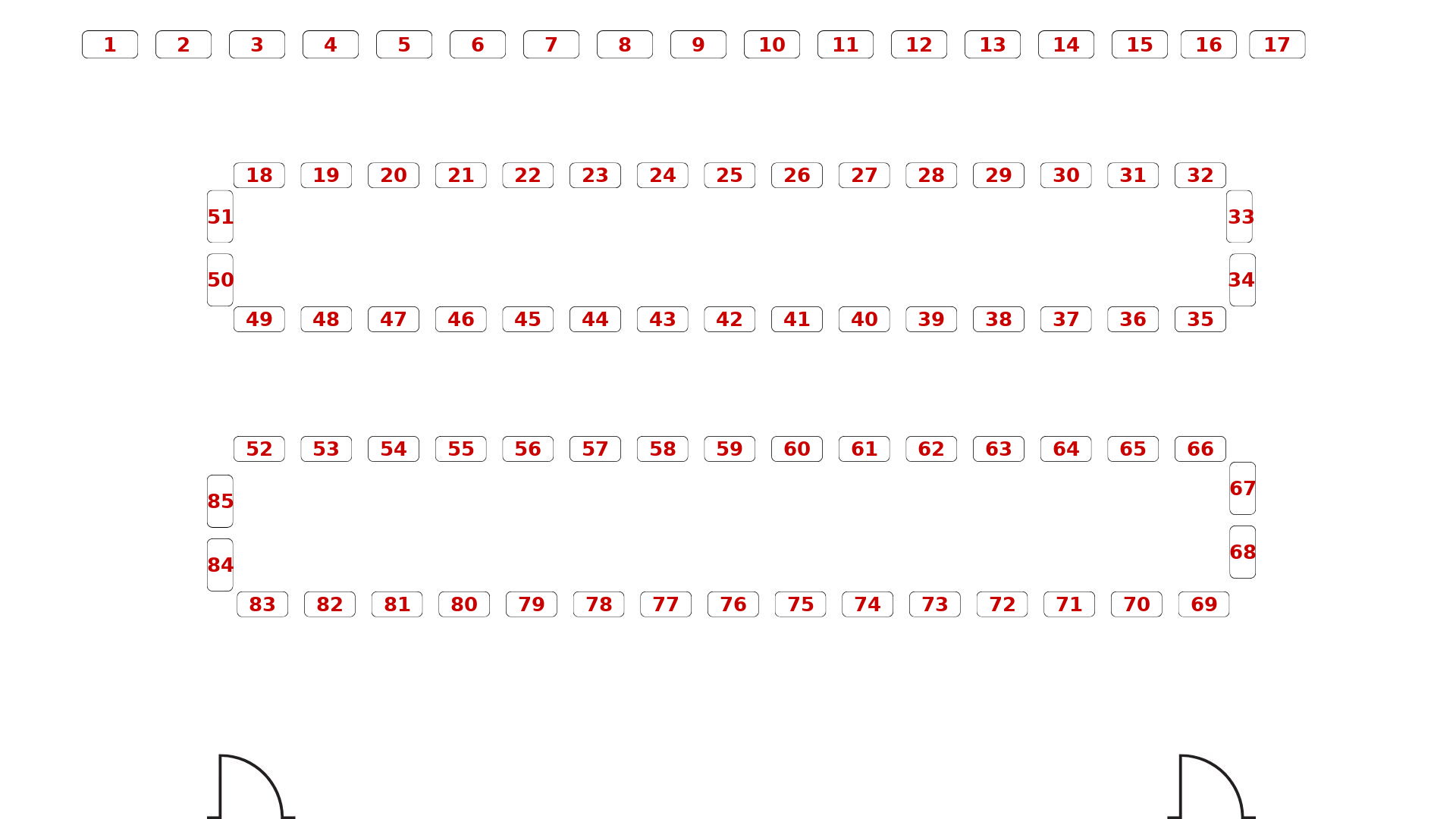 Floor plan showing 85 numbered vendor spaces arranged in two blocks around the turf field